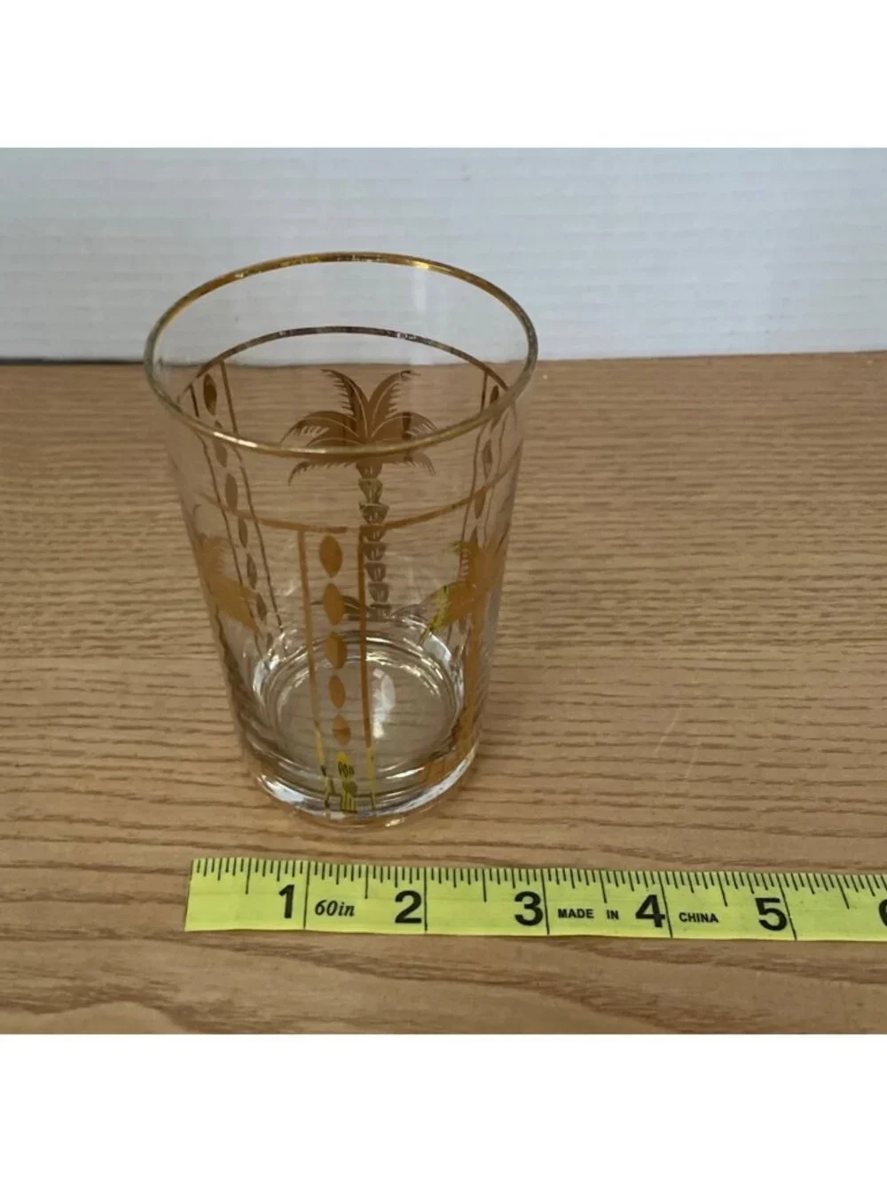 Vtg MCM Gold Palm Tree Design Drinking Glasses Tumblers Gold Accents Set of 3